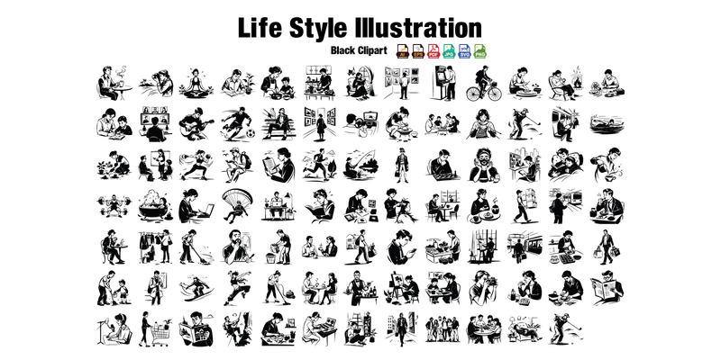 Günlük Yaşam Tarzı Vektör İllüstrasyonları | Rahat Ev Hayatı Klip Sanatı | Kişisel Bakım, Okuma, Kahve, AI, EPS - Features Image 1
