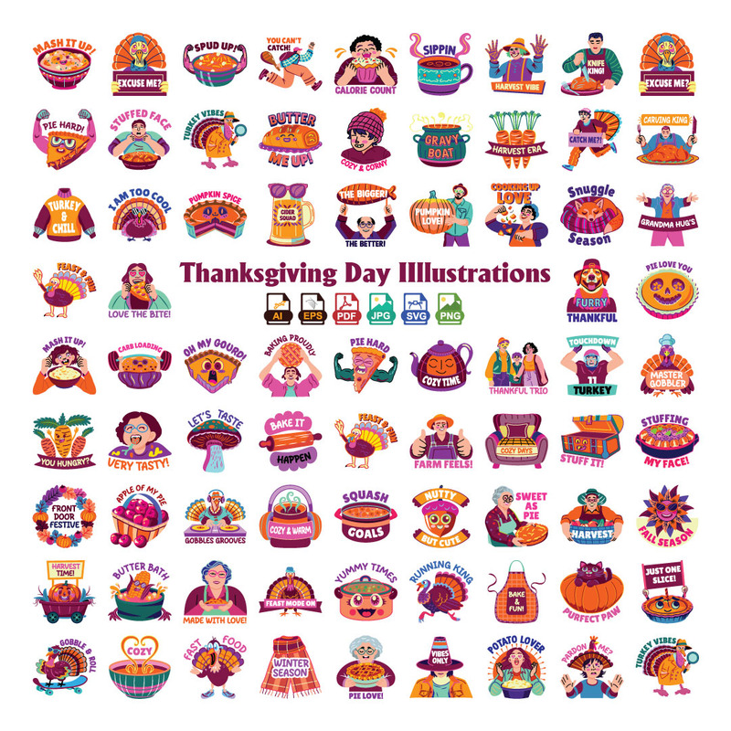 Süße Thanksgiving-Illustrationen | Kürbiskuchen, Truthahn, Blätter | Sofortiger Download - Eigenschaften Bild 1