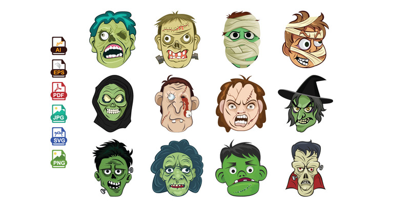 Horrorgesicht Vektor Illustrationen | Gruseliger Totenkopf & Gruselige Zombie Clipart | Halloween Digitale Kunst - Eigenschaften Bild 1