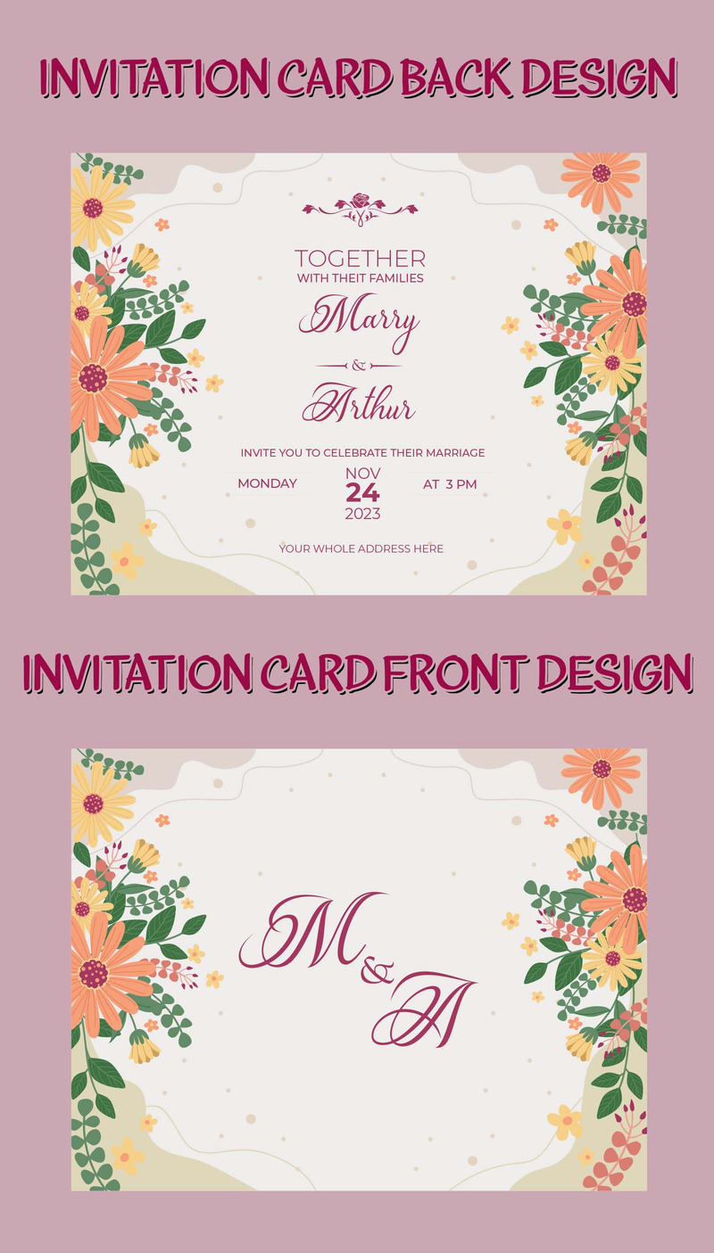 Design de cartão de convite de casamento com flores criativas - Features Image 1
