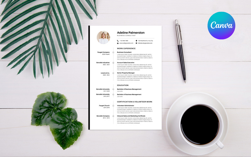 Modello Canva per curriculum minimalista moderno gratuito - CV professionale pulito in bianco e nero - Caratteristiche Immagine 1