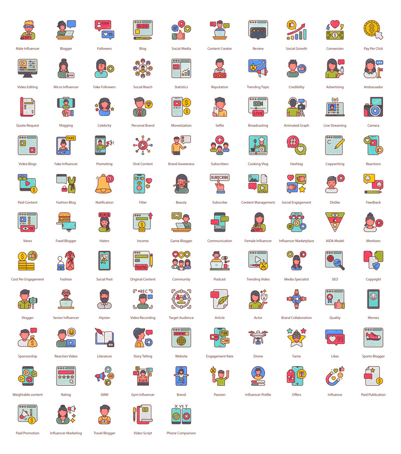 Blogger och influencer 105 premiumfyllda ikoner - Features Image 1