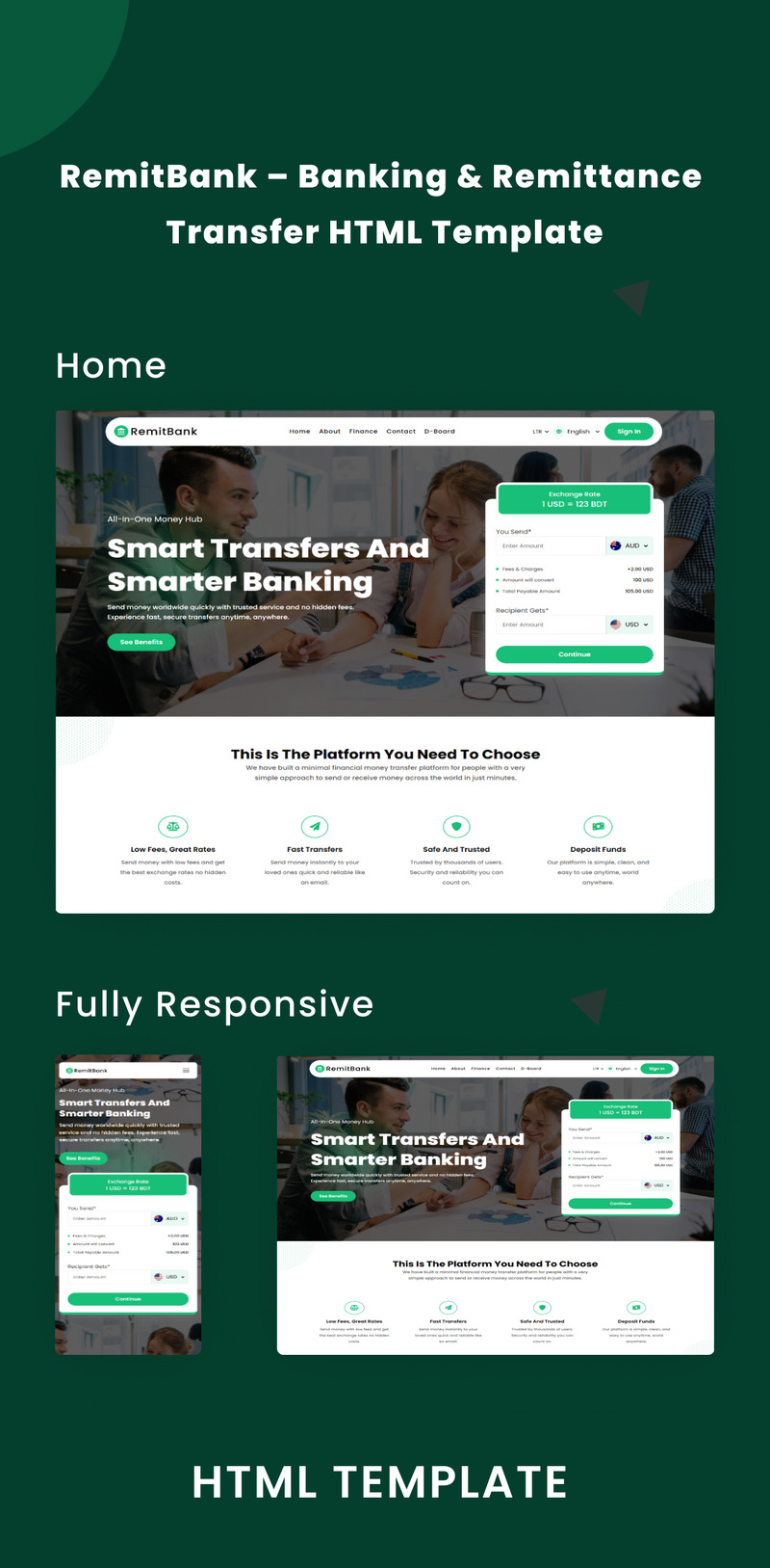 RemitBank – Banking & Remittance Transfer HTML Template, RTL And Dashboard - Features Image 1