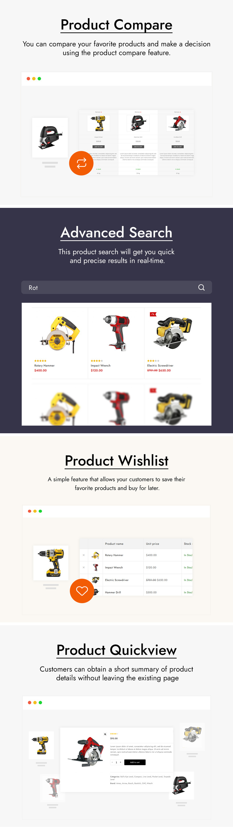 ToolMin - Tema de WooCommerce para herramientas de equipos eléctricos - Características Imagen 2