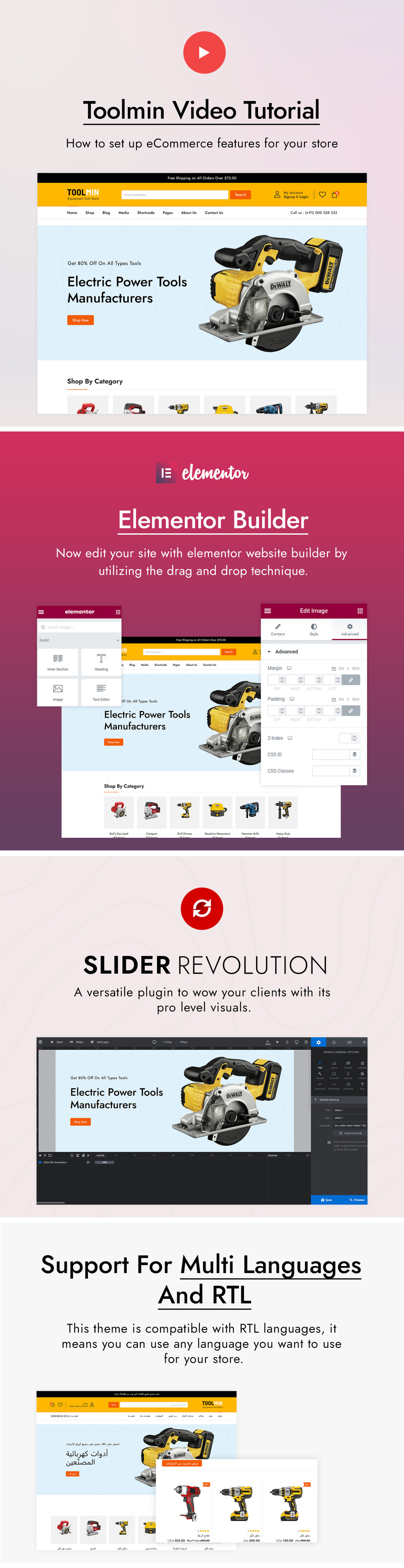ToolMin - Tema de WooCommerce para herramientas de equipos eléctricos - Características Imagen 1