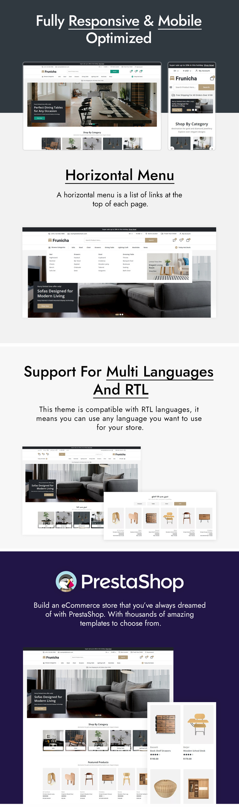 Frunicha – Prestashop-Theme für Möbel- und Inneneinrichtungsgeschäfte - Eigenschaften Bild 2