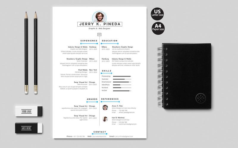 Modello di curriculum pulito per progettista/sviluppatore/fotografo - Caratteristiche Immagine 1