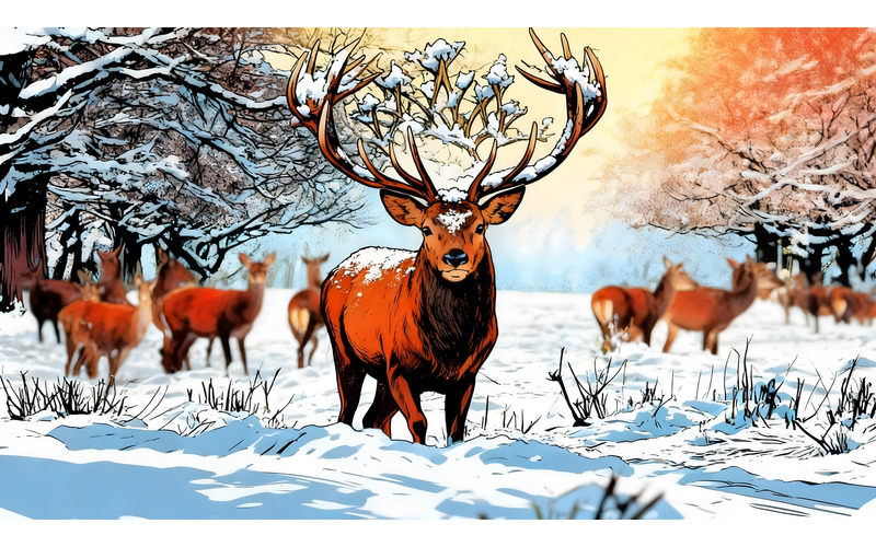 Illustrazione di un maestoso cervo rosso in inverno - Caratteristiche Immagine 1