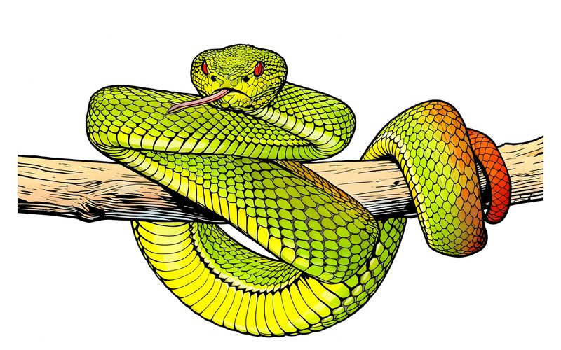 Illustrazione ravvicinata di un ramo di serpente su sfondo nero. - Caratteristiche Immagine 1