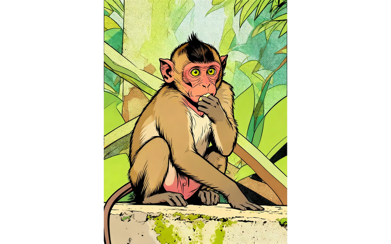 Illustrazione di un macaco dalla coda lunga seduto che mangia un muro di cemento - Caratteristiche Immagine 1