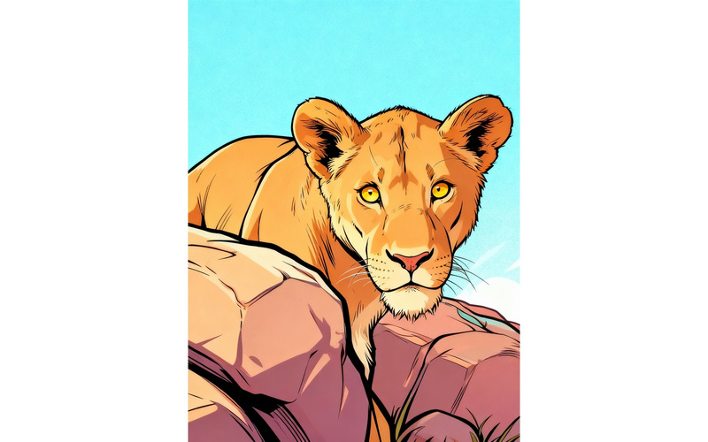 Illustration d'une lionne assise observant un appareil photo sur des rochers - Caractéristiques de l’image 1
