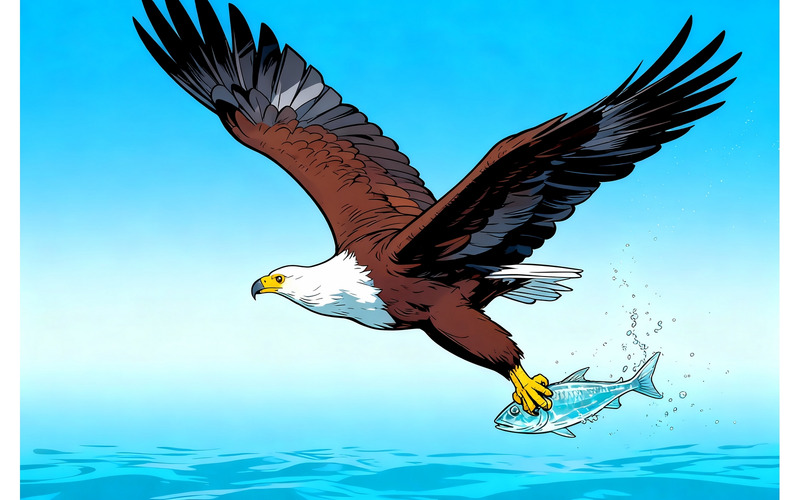 Aigle pêcheur africain en vol avec un poisson dans ses serres (Illustration IA + Dessin vectoriel) - Caractéristiques de l’image 1