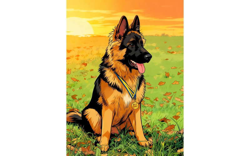 Berger allemand champion assis dans l'herbe (Illustration IA + Dessin vectoriel) - Caractéristiques de l’image 1