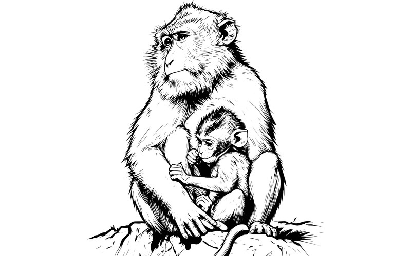 Ripresa verticale di una madre, di un cucciolo di babbuino e di una scimmia che riposa su una roccia. Illustrazione - Caratteristiche Immagine 2