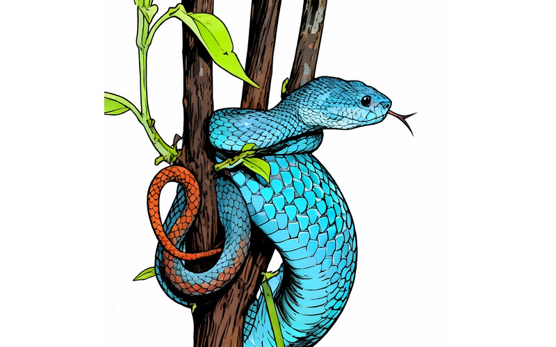 Serpente vipera blu Serpente vipera ramo Serpente pronto all'attacco Insularis blu Illustrazione ravvicinata dell'animale - Caratteristiche Immagine 1