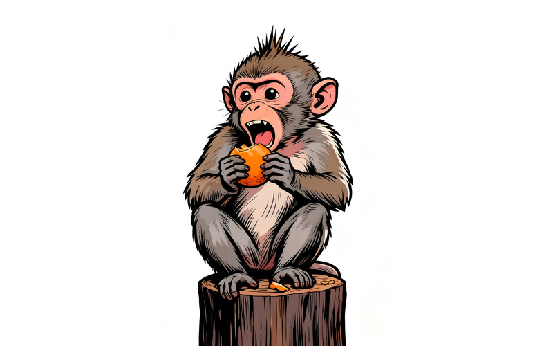 Illustrazione di una simpatica scimmia macaco che mangia frutta - Caratteristiche Immagine 1