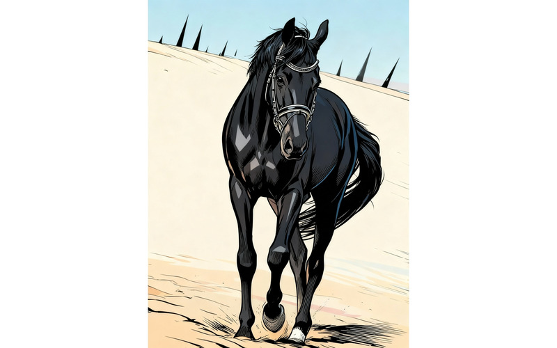 Illustrazione di un cavallo nero che cammina sulla sabbia 1 - Caratteristiche Immagine 1