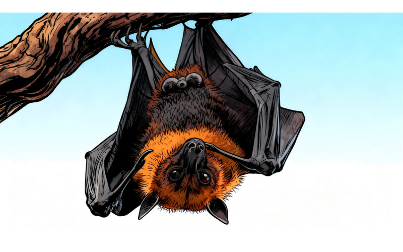 Primo piano di un pipistrello appollaiato su un albero (immagine di illustrazione AI + LineArt vettoriale) - Caratteristiche Immagine 1
