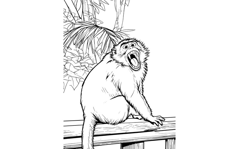 Primo piano di un macaco su una sporgenza di legno con la bocca aperta, illustrazione naturale sfocata - Caratteristiche Immagine 2