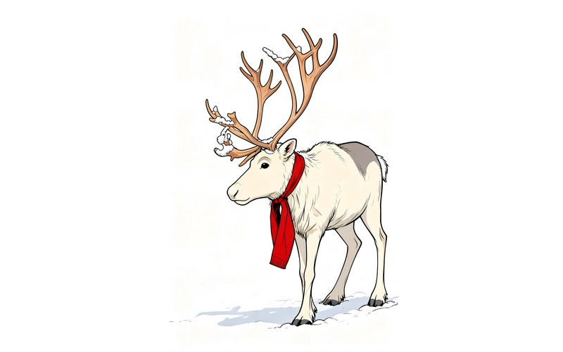 Renna, caribù, foresta innevata, Babbo Natale, renna, aiutante di Natale, sciarpa rossa, illustrazione - Caratteristiche Immagine 1