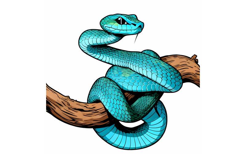 Serpente vipera blu visto di lato su un ramo con sfondo nero Illustrazione del serpente vipera blu - Caratteristiche Immagine 1