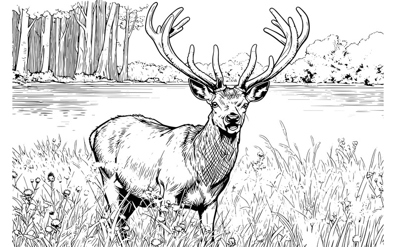 Illustrazione di un cervo in piedi su un campo erboso vicino al lago - Caratteristiche Immagine 2