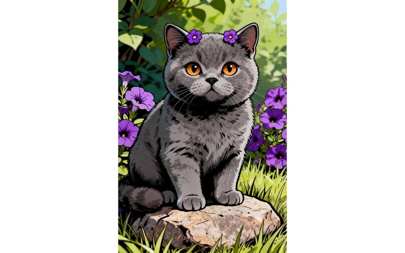 Brittisk grå korthårskattunge sittande stengräs (AI-illustrationsbild + vektorgrafik) - Features Image 1