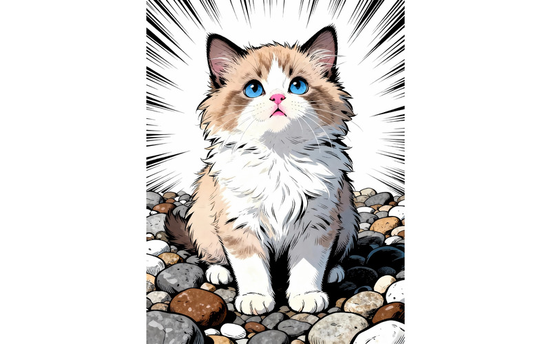 Primo piano di un adorabile gattino seduto su pietre colorate (immagine di illustrazione AI + linea vettoriale) - Caratteristiche Immagine 1