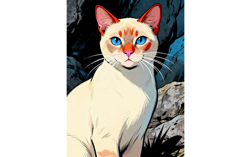 Ritratto ravvicinato di un gatto seduto all'aperto (immagine illustrativa AI + disegno vettoriale) - Caratteristiche Immagine 1