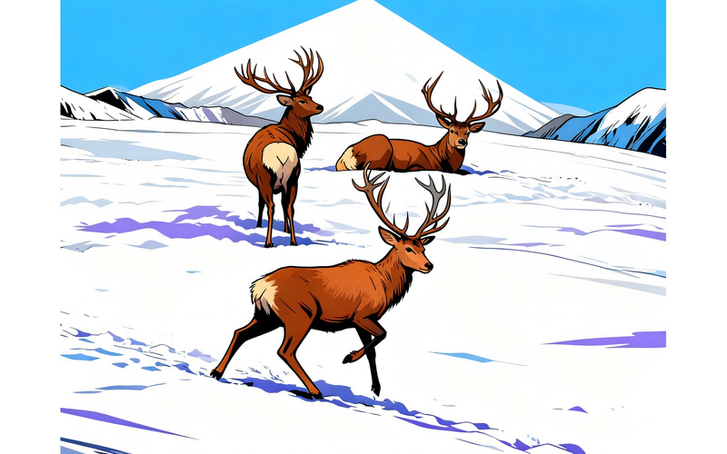 Illustrazione del paesaggio invernale con cervi e neve - Caratteristiche Immagine 1