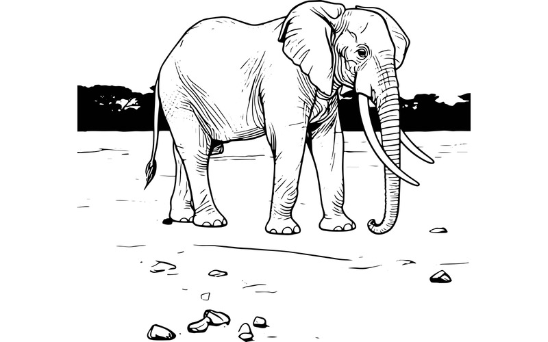 Elefante al pascolo su un campo contro il cielo limpido (immagine illustrativa AI + disegno vettoriale) - Caratteristiche Immagine 2