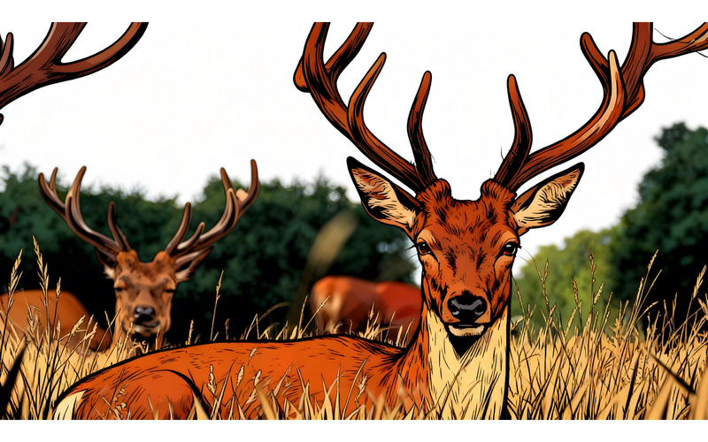 Illustrazione di un alce maschio circondato da altri animali - Caratteristiche Immagine 1