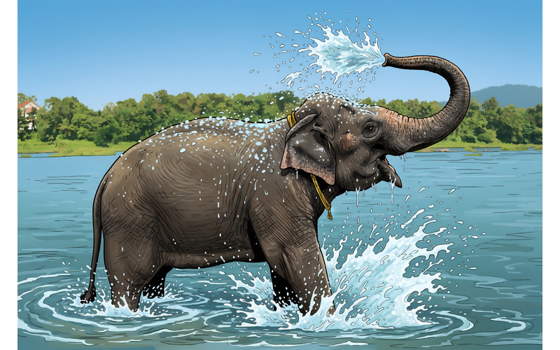 Elefant som tvättar floden (AI-illustrationsbild + vektorgrafik) - Features Image 1