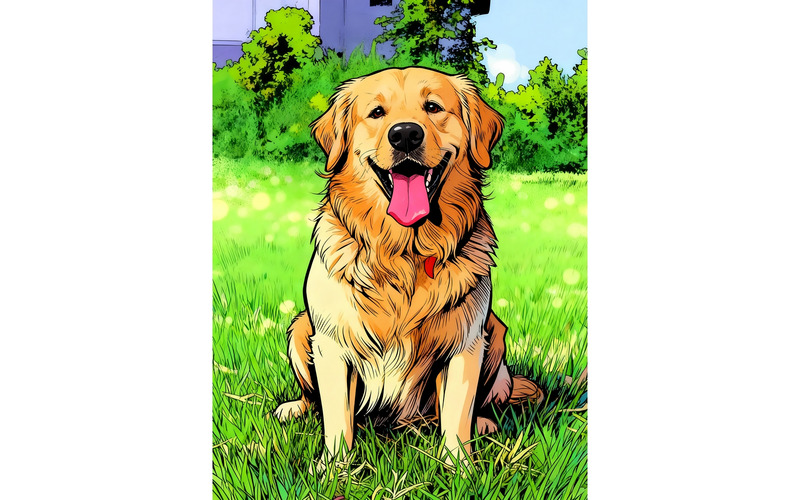 Golden Retriever-porträtt med grönt gräs (AI-illustrationsbild + vektorgrafik) - Features Image 1