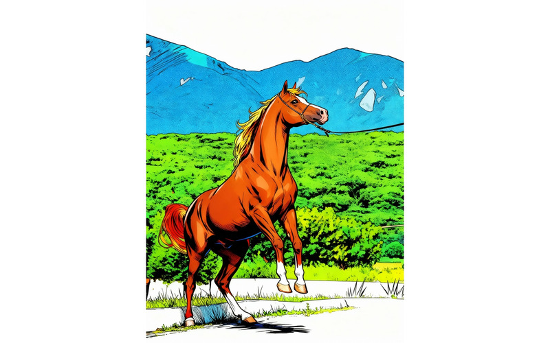 Side View Horse Jumping Land Against Mountain Illustration - Features Image 1