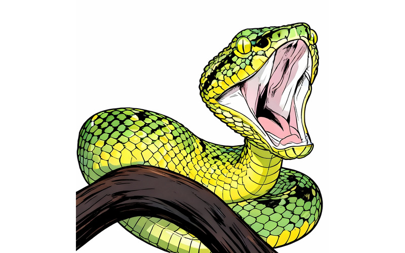 Illustrazione di un primo piano di un serpente arrabbiato con la bocca aperta su un ramo. - Caratteristiche Immagine 1