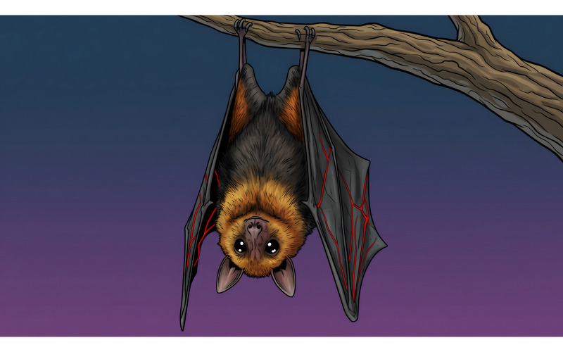 Illustrazione adorabile di un pipistrello appeso + disegno vettoriale lineare - Caratteristiche Immagine 1
