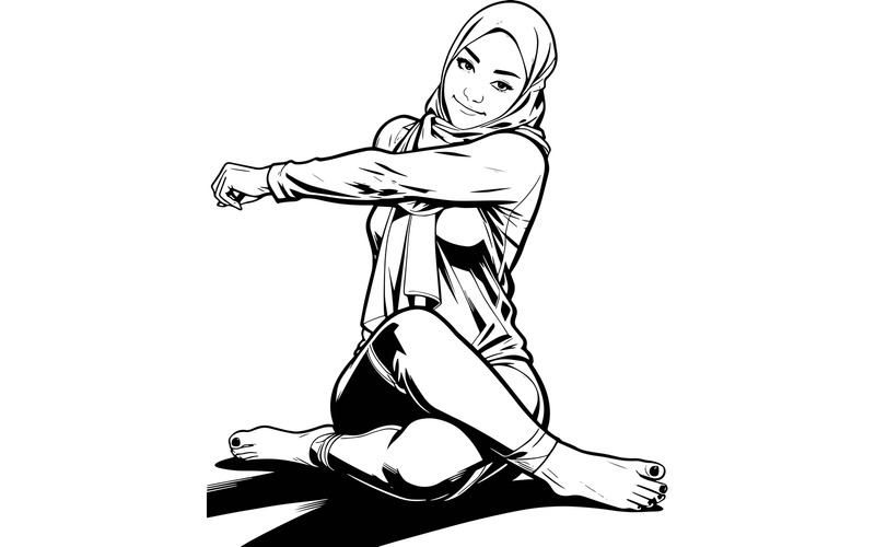 Frisk ung asiatisk muslimsk kvinna sträcker sina armar utövar yoga vardagsrum vektor linjeteckningar - Features Image 1