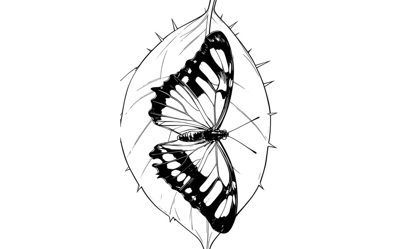 Papillon Stelene aux ailes noires et vertes, assis sur une feuille (Illustration IA + Dessin vectoriel) - Caractéristiques de l’image 2