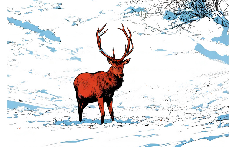 Cervo che cerca cibo, illustrazione invernale della Baviera, Germania - Caratteristiche Immagine 1