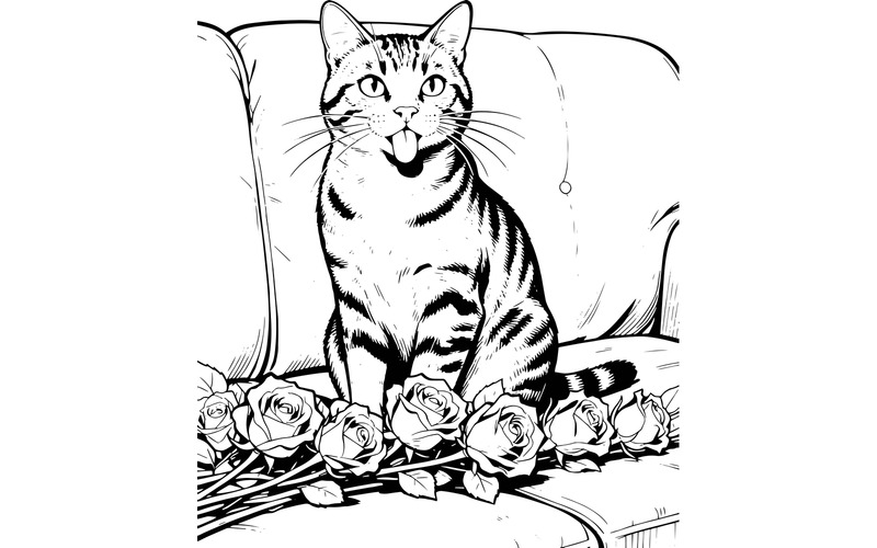 Un simpatico gatto soriano domestico è seduto su un divano grigio-blu (immagine illustrativa AI + disegno vettoriale) - Caratteristiche Immagine 2