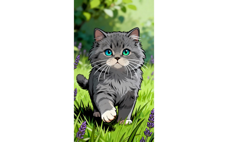 Primo piano di un adorabile gattino grigio a pelo lungo britannico (immagine illustrativa AI + grafica vettoriale) - Caratteristiche Immagine 1