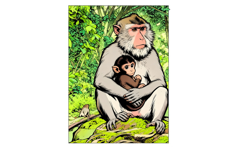Illustrazione di una simpatica scimmia macaco che tiene in braccio il suo cucciolo - Caratteristiche Immagine 1