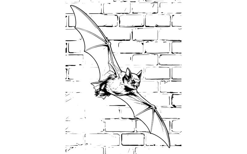 Pipistrello pipistrello volante davanti al muro di mattoni (immagine illustrativa AI + linea grafica vettoriale) - Caratteristiche Immagine 1