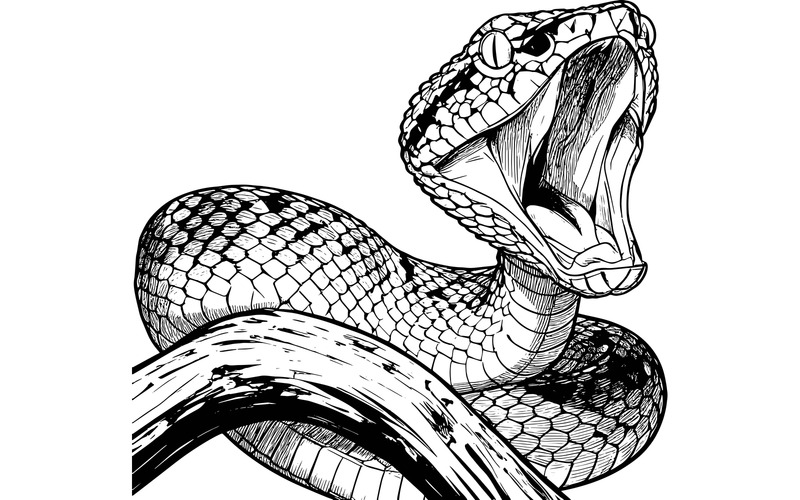 Illustrazione di un primo piano di un serpente arrabbiato con la bocca aperta su un ramo. - Caratteristiche Immagine 2