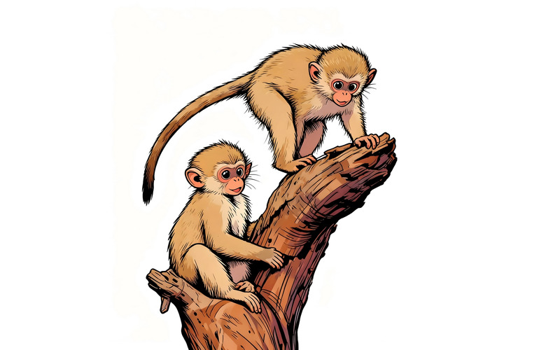 Illustrazione di due adorabili scimmiette che giocano con un tronco di legno - Caratteristiche Immagine 1