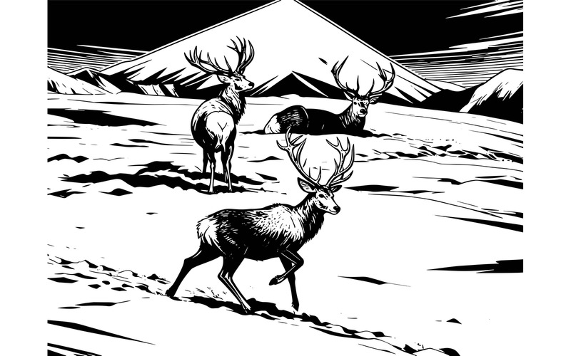 Illustrazione del paesaggio invernale con cervi e neve - Caratteristiche Immagine 2
