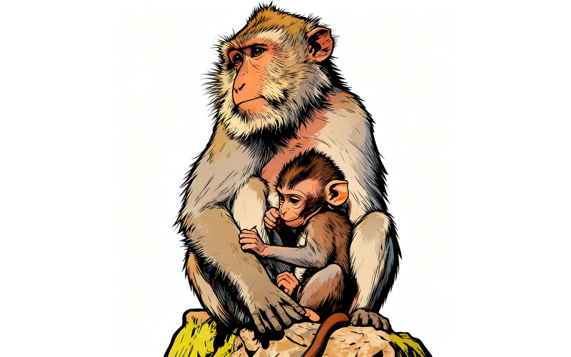 Ripresa verticale di una madre, di un cucciolo di babbuino e di una scimmia che riposa su una roccia. Illustrazione - Caratteristiche Immagine 1