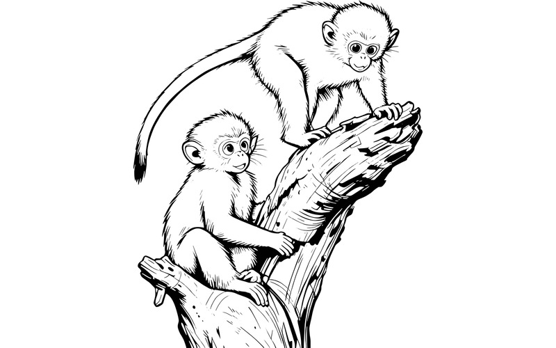 Illustrazione di due adorabili scimmiette che giocano con un tronco di legno - Caratteristiche Immagine 2