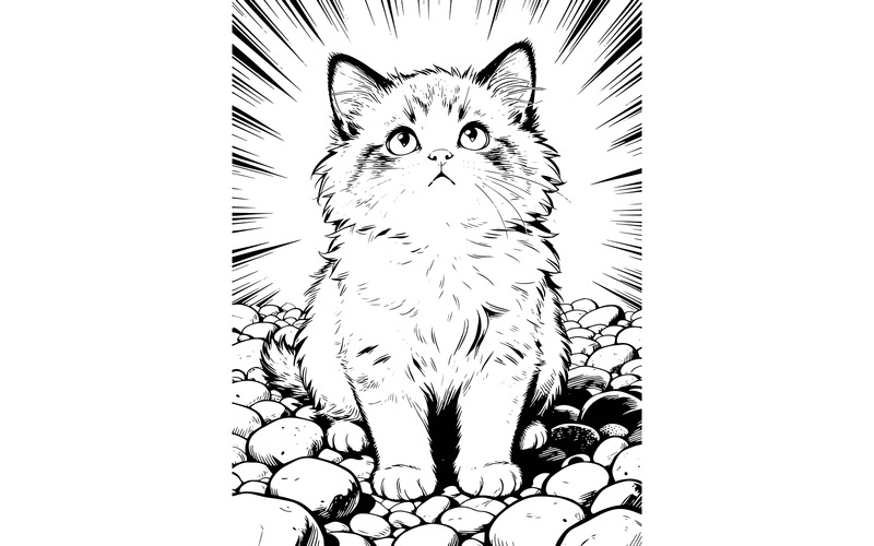 Primo piano di un adorabile gattino seduto su pietre colorate (immagine di illustrazione AI + linea vettoriale) - Caratteristiche Immagine 2